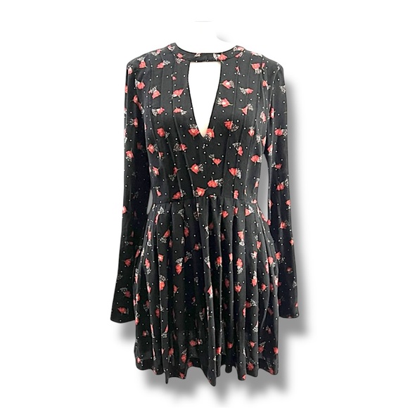 FREE PEOPLE🎄Black with Red Floral white dots keyhole front & back Long Sl SZ SP - Picture 5 of 9